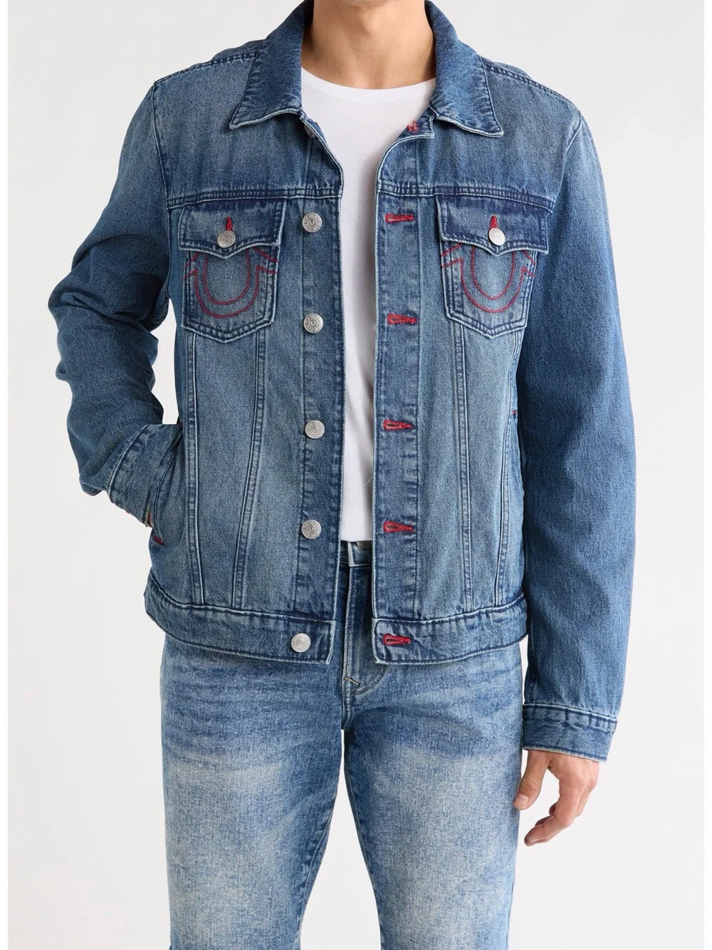 True Religion Men's Blue Denim Trucker Jacket with Red Stitching